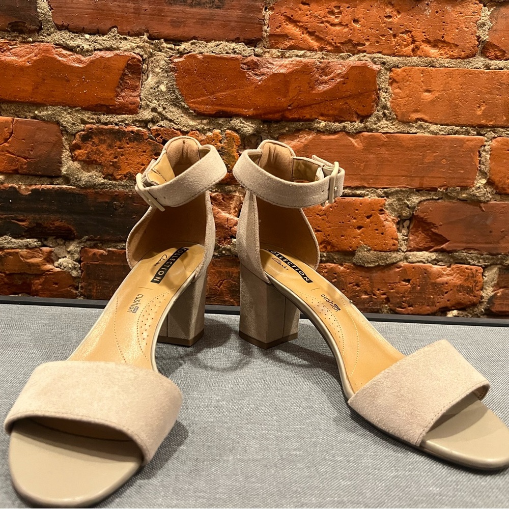Clarks Tan Heels with Ankle Strap and Open Toe